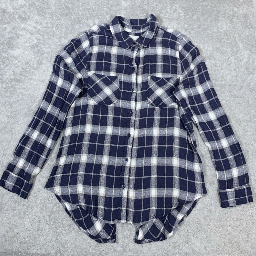 Lucky Brand Plaid Blue White Gray Pocket Vented Button Up Shirt Size Medium Wome